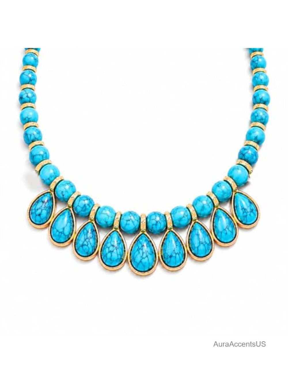 Genuine Turquoise Statement Chunky Bib Necklace Gold-Tone Boho
